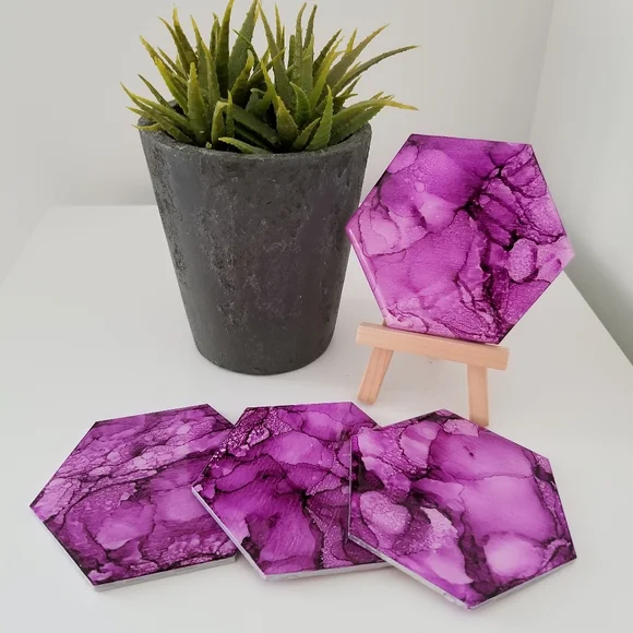 Coaster Set- Pink Alcohol Ink - Picture 1 of 1